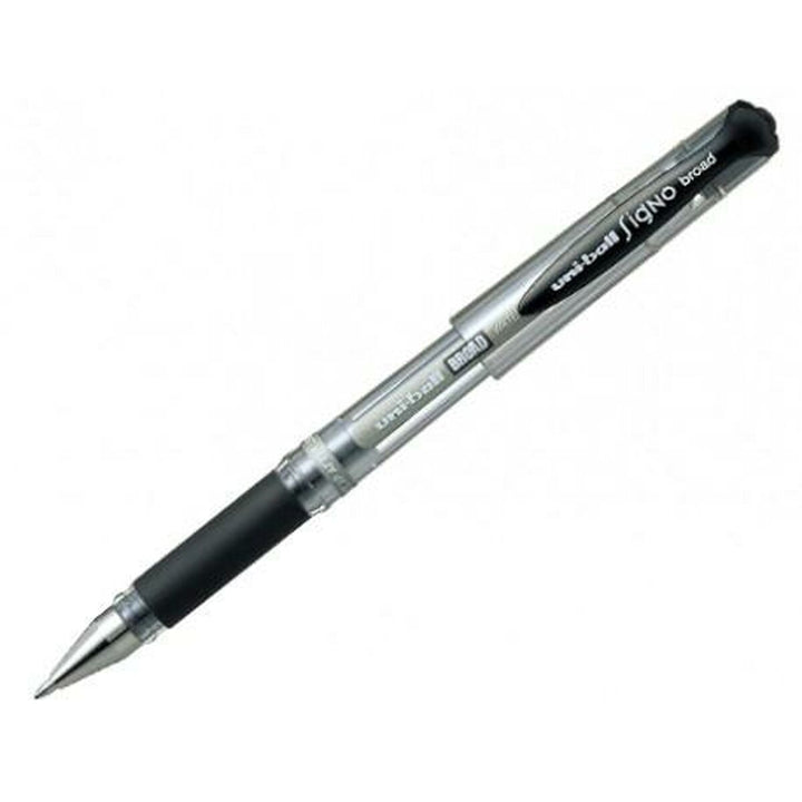 Schwarzer Uni-Ball Signo Broad UM-153 Flüssigtintenstift mit transparentem Körper und Logo.