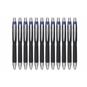 12 blaue Uni-Ball Jetstream SXN-210 Rollerball-Stifte. Schwarzer Griff, silberne Akzente.
