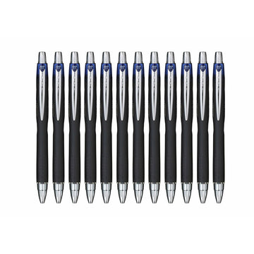 12 blaue Uni-Ball Jetstream SXN-210 Rollerball-Stifte. Schwarzer Griff, silberne Akzente.