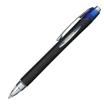 Blauer Uni-Ball Jetstream SXN-210 Flüssigtinten-Rollerball mit silbernem Clip und komfortablem Griff.