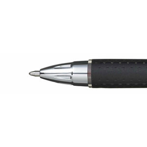 Detailaufnahme: Uni-Ball Jetstream SXN-210 Rollerball Stift mit silberner Spitze und schwarzem Griff.