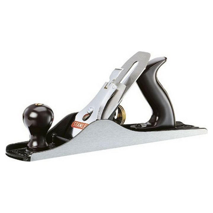 Stanley BAILEY 5 Tischlerhobel. Silberfarbener Hobel mit schwarzem Griff und Verstellmechanismus.