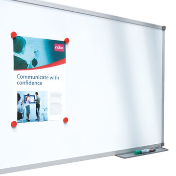 Weiße Nobo Magnettafel aus Stahl mit Alurahmen und Magneten. Praktische Bürowandtafel.