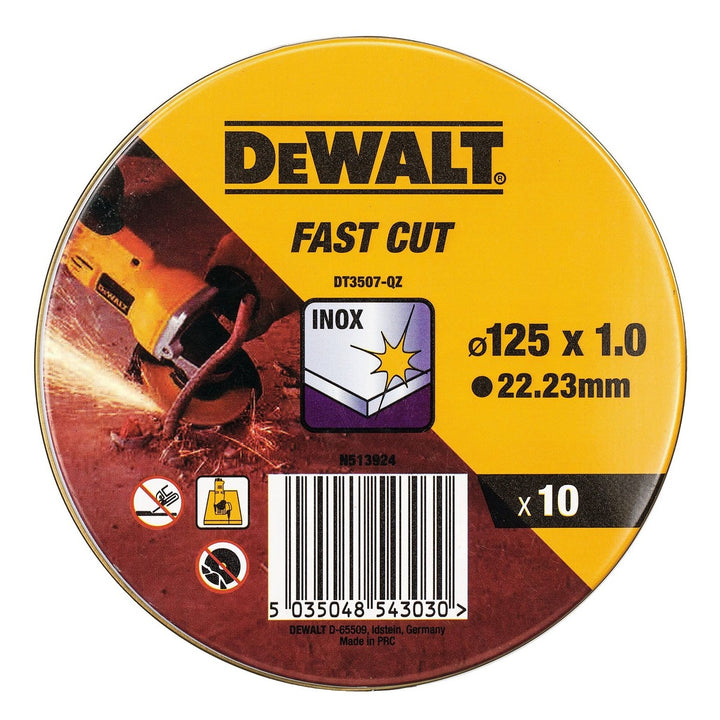 Gelbe Dewalt Fast Cut Trennscheibe DT3507-QZ, 125 x 1.0 mm für INOX. 10 Stück im Set.
