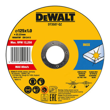 Gelbe Dewalt Fast Cut Trennscheibe dt3507-qz mit Spezifikationen und Sicherheitshinweisen.