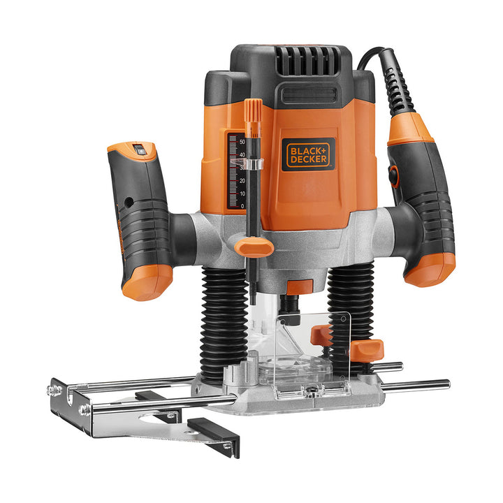 Black & Decker Kronenfräsmaschine: Orange, Schwarz, mit Tiefenskala für präzise Fräsarbeiten.