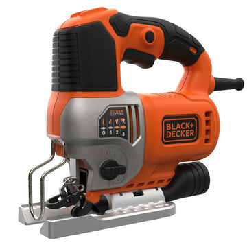 Orange Black & Decker Laubsäge BES610-QS mit Power Cutting Einstellung für präzise Holzarbeiten.