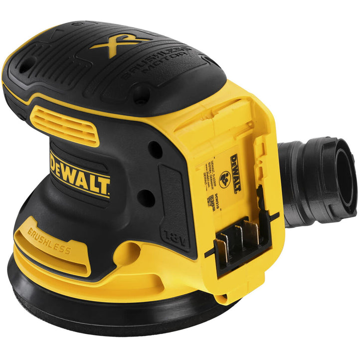 Gelber Dewalt DCW210NT-XJ Akku-Rotationsschleifer mit bürstenlosem Motor und Staubabsauganschluss.