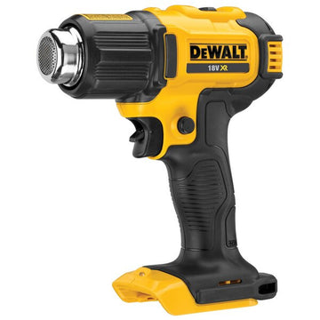 Gelbes Dewalt DCE530N-XJ Heißluftgebläse mit ergonomischem Design und gut sichtbarer Düse.