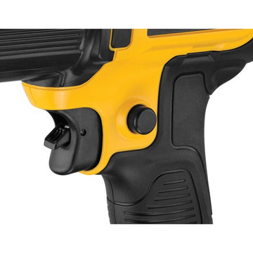 Detailaufnahme: Gelb-schwarzes Dewalt Heißluftgebläse DCE530N-XJ mit ergonomischem Griff.