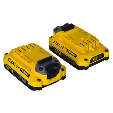 Gelbe Stanley Fatmax V20 2.0Ah Akkus für Schraubendreher. Lithium-Ionen Akku mit Ladestandsanzeige.