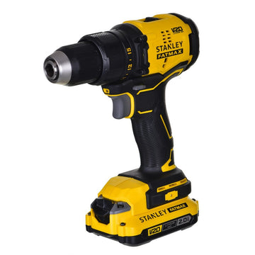 Gelber Stanley SFMCD710D2K-QW Akku-Schraubendreher mit schwarzem Bohrfutter und Akku.