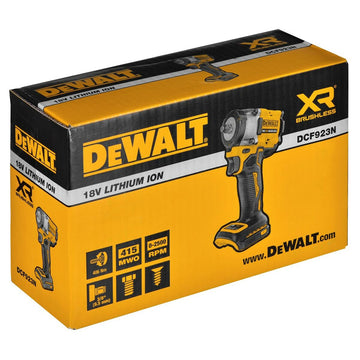 Dewalt DCF923N Schlagschrauber: 18V Akku, 406 Nm Drehmoment. Kompaktes Design, gelb-schwarze Farbakzente.