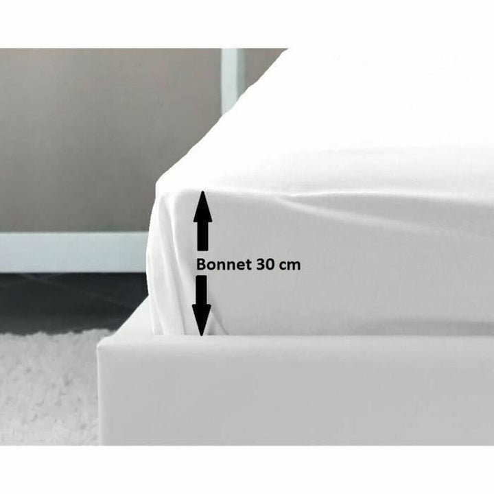 Weißes Spannbettlaken auf Doppelbett zeigt 30 cm Bonnet für Matratzen bis 140x190 cm.