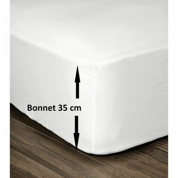 Weißes Spannbettlaken für Doppelbett 180x200 mit 35 cm Bonnet. Bettwäsche Detail.