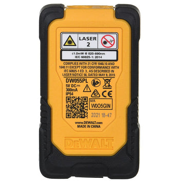 Gelber Dewalt DW055PL Entfernungsmesser 15 m. Laser Informationen und Konformitätszertifizierungen auf der Rückseite.