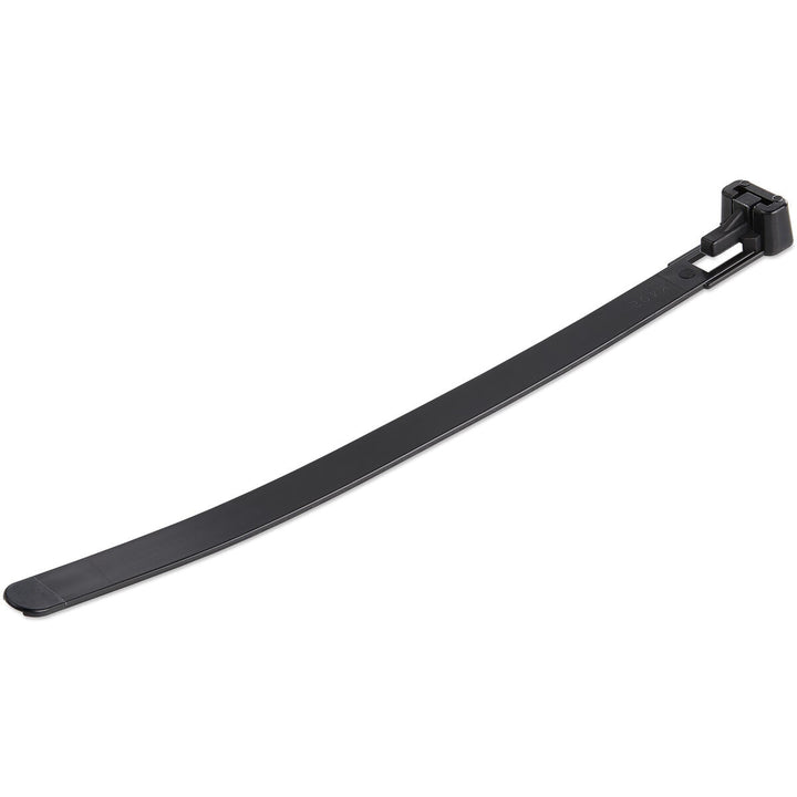 Schwarzer Nylon Kabelbinder mit Befestigungsmechanismus für Kabelmanagement.