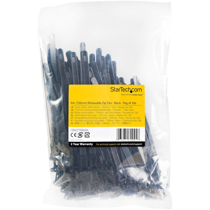 Schwarze 150mm Nylon Kabelbinder im 100er Pack. Wiederlösbare Kabelbinder im durchsichtigen Paket.