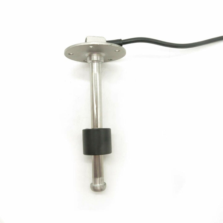 Metallischer Sensor mit rundem Flansch und schwarzer Kabelverbindung. Zylindrischer Schwimmer.