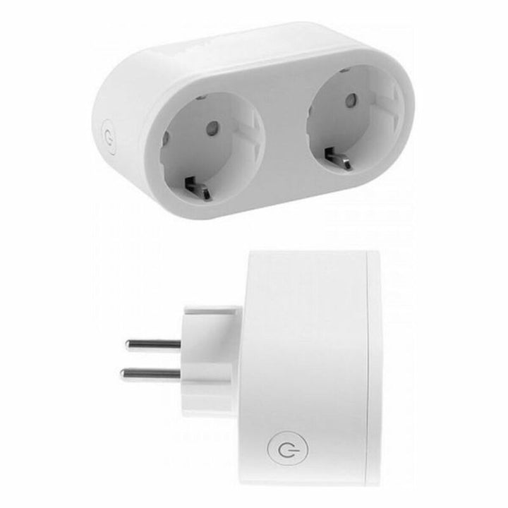 Weißer Denver Electronics Intelligenter Stecker mit Doppelsteckdose und Netzschalter.