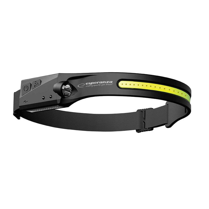 Schwarze Esperanza EOT067 240LM Taschenlampe mit Stirnband und Lampe vorne.