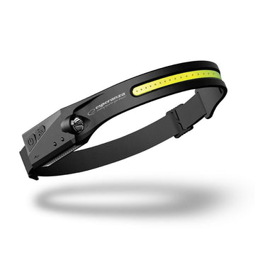 Schwarze Esperanza EOT067 Stirnlampe mit gelbem Licht und verstellbarem Band.