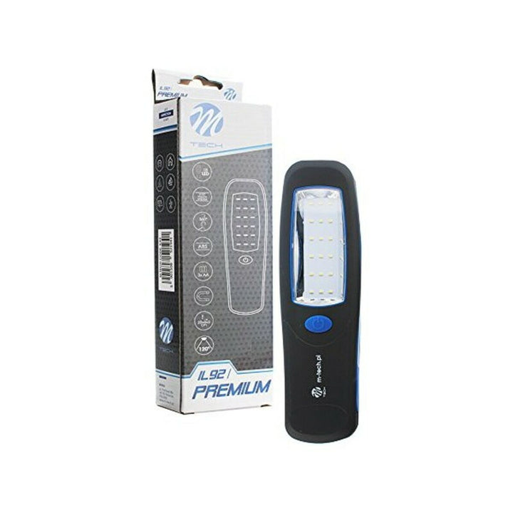 Schwarze M-Tech IL92 LED Taschenlampe mit LED Licht und blauer Taste neben der Verpackung.