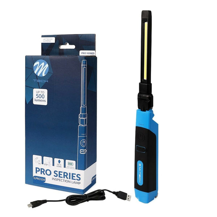 Schwarze/blaue M-Tech ILPRO104 Arbeitsleuchte mit 500 Lumen und LED Licht für Inspektionen.