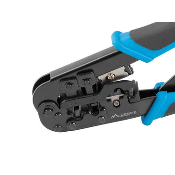 Lanberg Crimpzange NT-0201 mit blauen Griffen. Das Werkzeug ist ideal zum Crimpen von Kabeln.