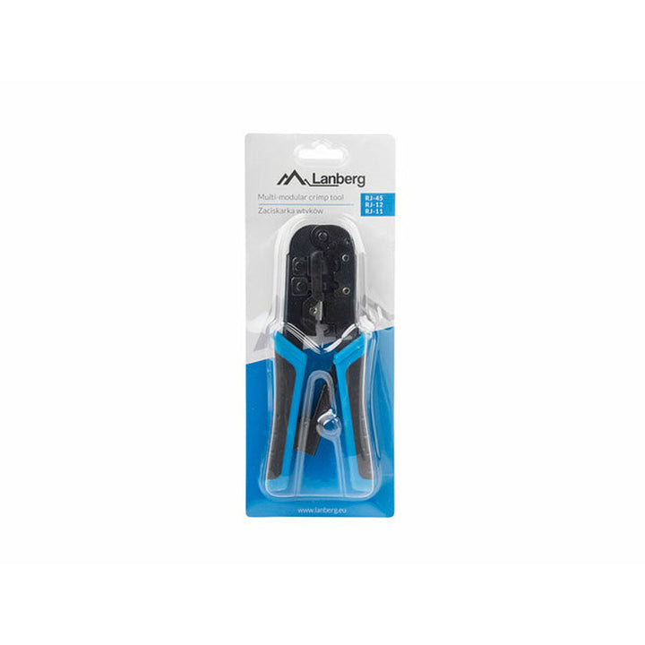 Lanberg NT-0201 Crimpzange für RJ-45, RJ-12, RJ-11 Stecker. Multi-modular crimp tool mit blau-schwarzem Griff.
