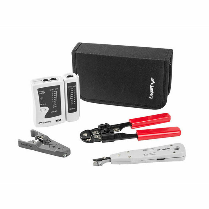 Lanberg NT-0301 Crimpzange Set mit roter Griff, Kabeltester, Abisolierer und Tragetasche.