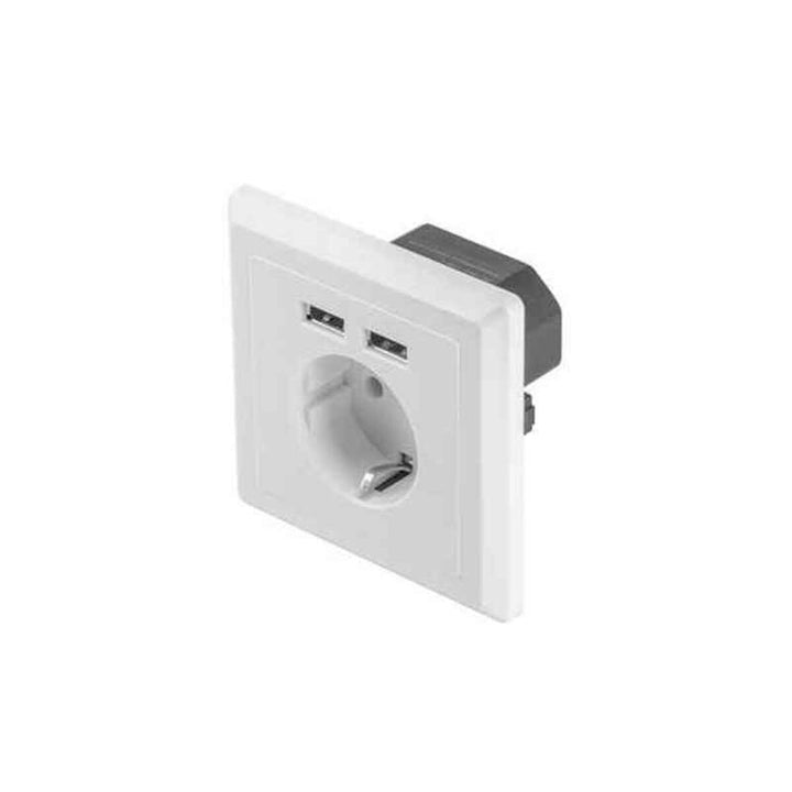 Weißer Lanberg Netzstecker mit zwei USB-Anschlüssen für die Wandmontage.