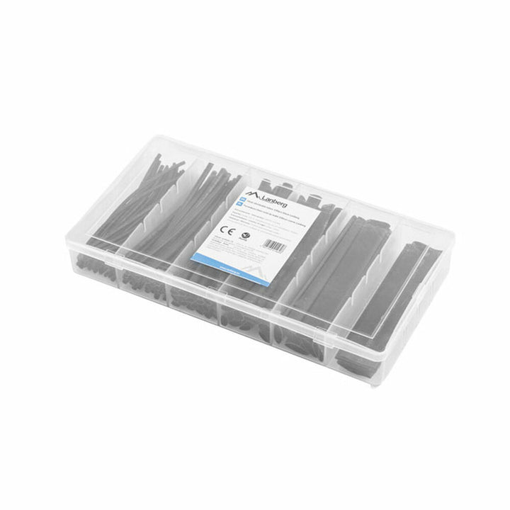 Lanberg Röhre: Schwarze Schrumpfschläuche in verschiedenen Größen, sortiert in transparenter Box.