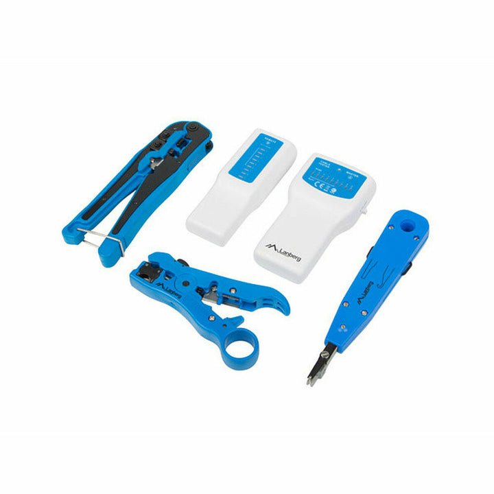 Lanberg NT-0302 Crimpzange Set mit blauen Werkzeugen und weißen Testern für Netzwerkinstallationen.