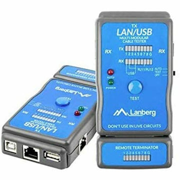 Blauer Lanberg NT-0403 Kabeltester für LAN/USB-Verbindungen mit Testports und LEDs.