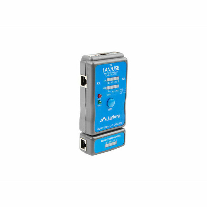 Lanberg NT-0403 Kabeltester mit Anschlüssen und Anzeigeleuchten zum Testen von Netzwerkkabeln.
