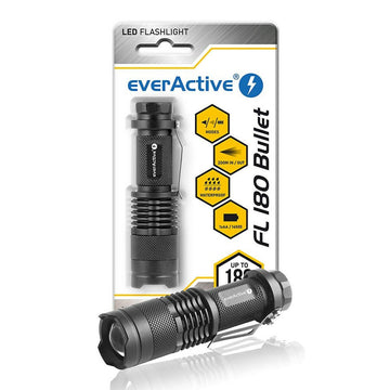 Schwarze EverActive FL180 Bullet Taschenlampe mit Zoomfunktion, wasserdicht und verschiedenen Modi.