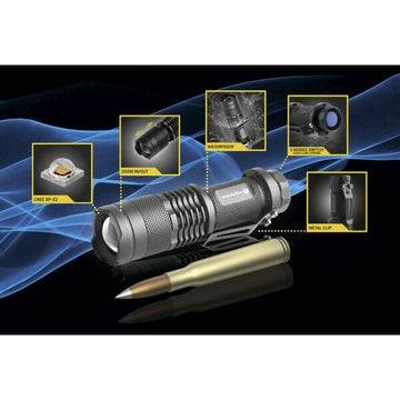 Nahaufnahme der EverActive FL180 Taschenlampe mit Zoomfunktion, wasserdicht und 3 Lichtmodi.