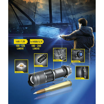 EverActive FL180 Taschenlampe: Zoom, wasserdicht, verschiedene Modi und Metallclip.