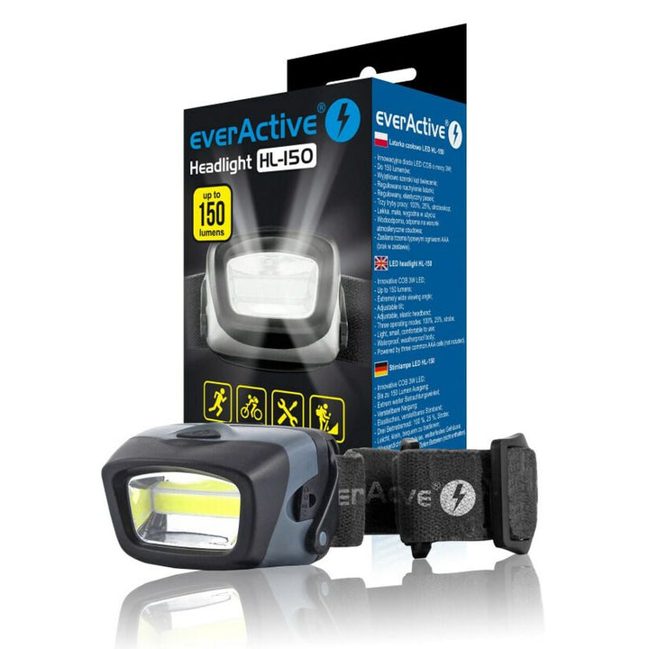EverActive HL150 Stirnlampe mit LED-Licht und verstellbarem Kopfband für komfortable Nutzung.