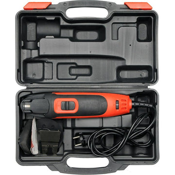 Yato YT-82220 Multiwerkzeug im Koffer. Das 300 W Werkzeug ist orange und schwarz mit Zubehör.