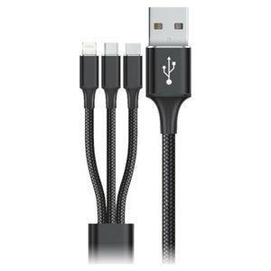 Schwarzes USB-Kabel mit Micro-USB, USB-C und Lightning Stecker - homely Family Shop