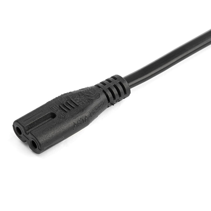Schwarzes Startech 752E-2M-POWER-LEAD Kabel mit 2-poligem Stecker und sichtbaren Zertifizierungen.
