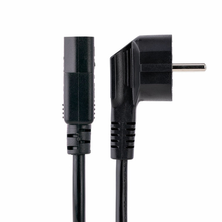 Schwarzes Startech Stromkabel mit 90-Grad-Stecker und IEC C13-Anschluss.