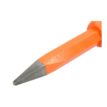 Nahaufnahme eines Meißels mit orangem Griff und grauer Metallspitze.