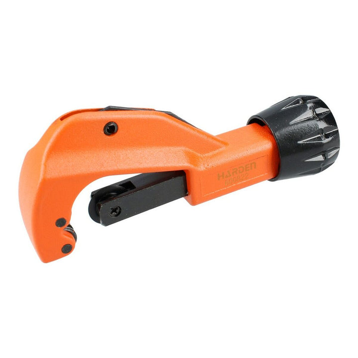 Oranger Rohrschneider aus Stahl. Robuster Rohrschneider mit schwarzem Einstellknopf.