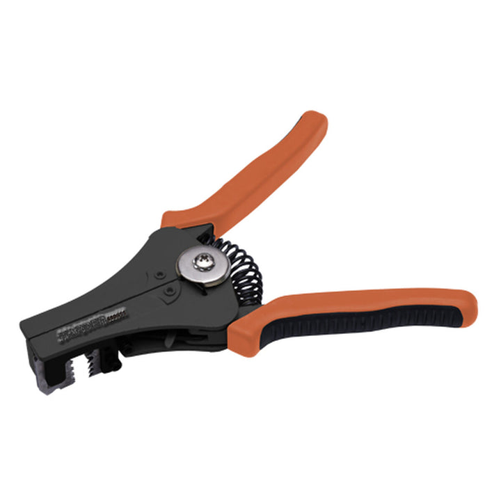 Automatische Abisolierzange mit orangefarbenen Griffen und sichtbarem Federmechanismus.