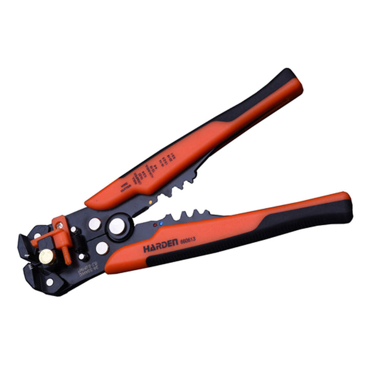 Automatische Abisolierzange mit orangefarbenen Griffen. Präzises Abisolieren mit der Zange.