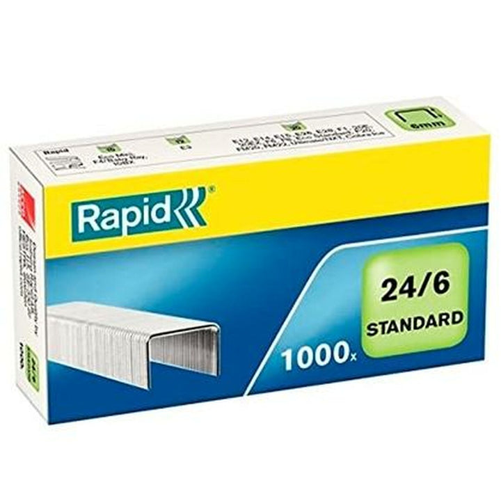 Blaue und gelbe Rapid Heftklammern 24/6. Enthält 1000 Standard 6mm Heftklammern.