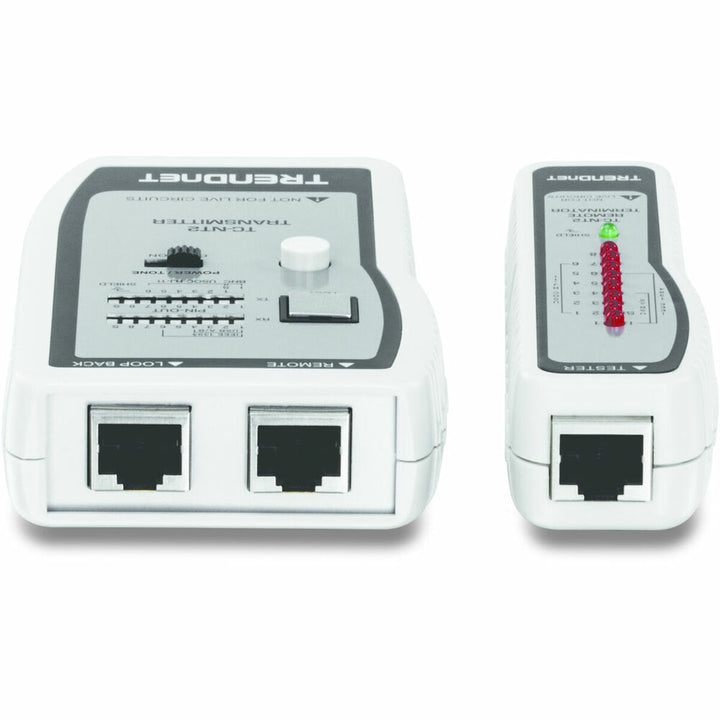 Weißer Trendnet TC-NT2 Netzwerkkabelprüfer mit RJ45-Ports und LED-Anzeigen zum Testen von Kabelverbindungen.